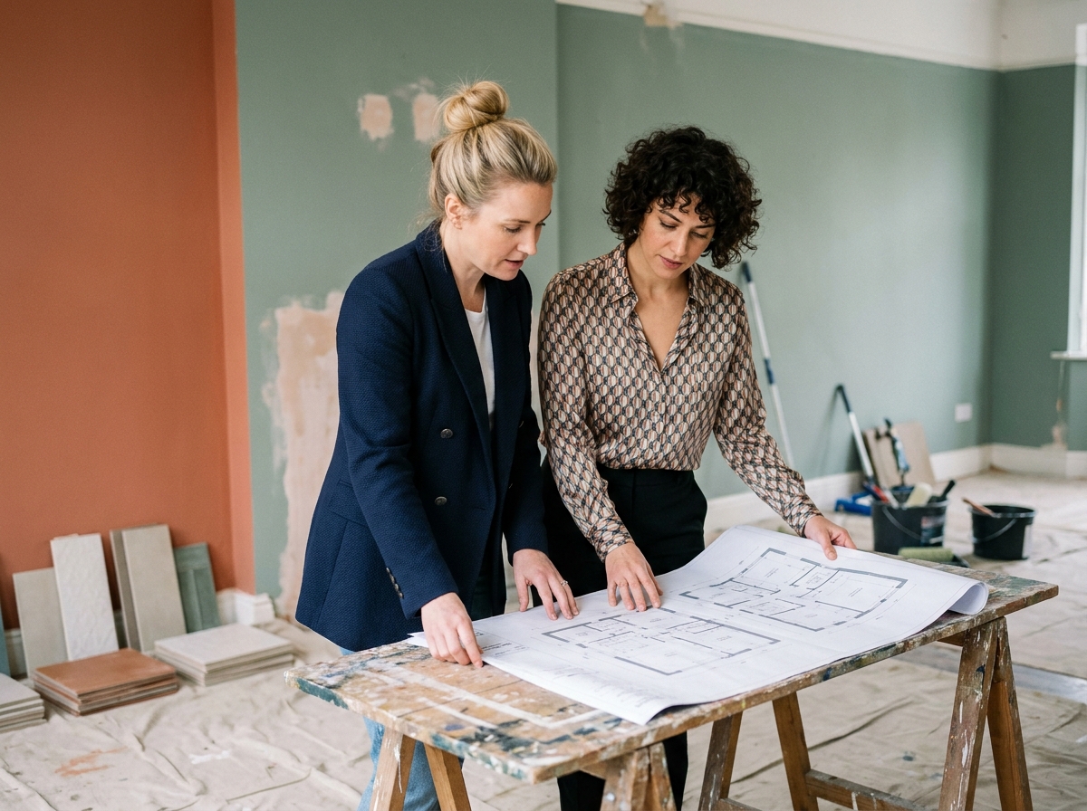 Deux femmes passionnées de décoration examinant un plan d'aménagement intérieur dans un appartement en cours de rénovation