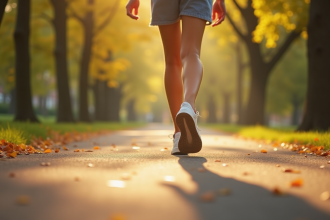 Personne marchant dans un parc ensoleille avec focus sur les jambes