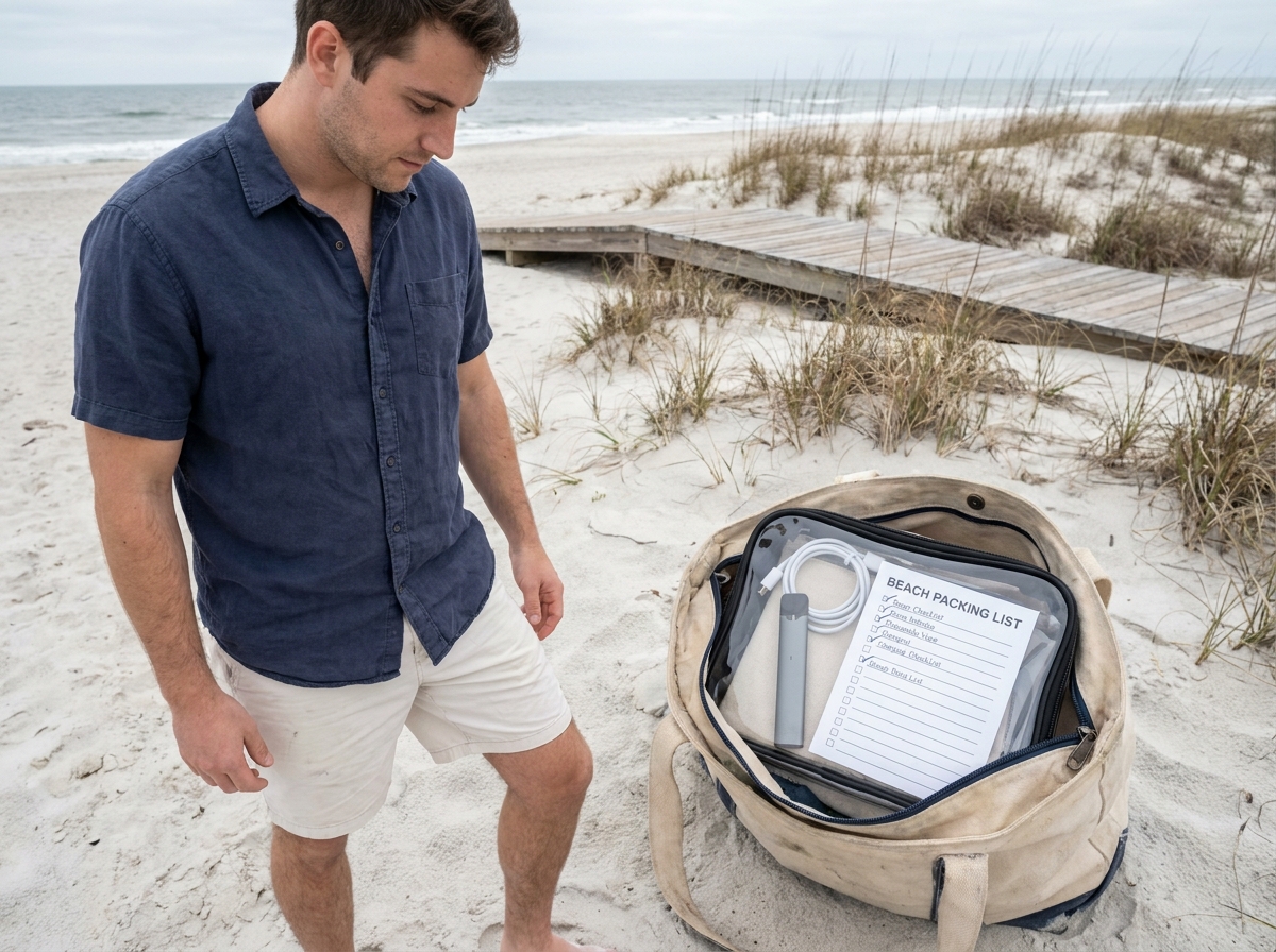 Sac de plage ouvert avec une puff rangée dans une trousse de voyage et une checklist de départ