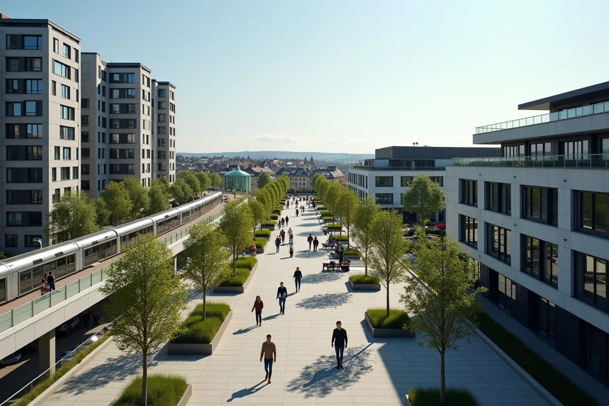 Vue large du quartier Eurorennes avec tramway et espaces piétons, illustrant la croissance démographique et urbaine de Rennes en 2026