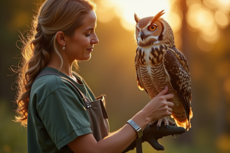 Femme soignant un hibou sauvé en plein air au coucher du soleil