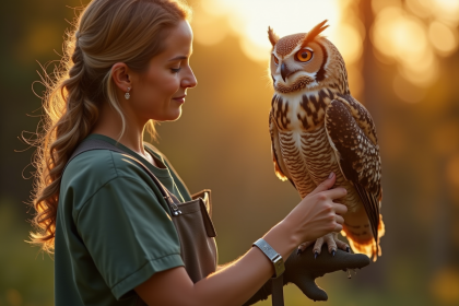 Femme soignant un hibou sauvé en plein air au coucher du soleil
