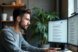 Homme recherchant la vraie adresse d'un site web sur un grand écran d'ordinateur avec plusieurs onglets ouverts
