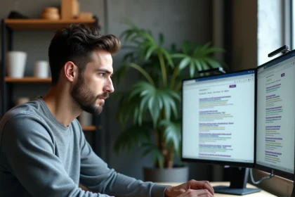 Homme recherchant la vraie adresse d'un site web sur un grand écran d'ordinateur avec plusieurs onglets ouverts