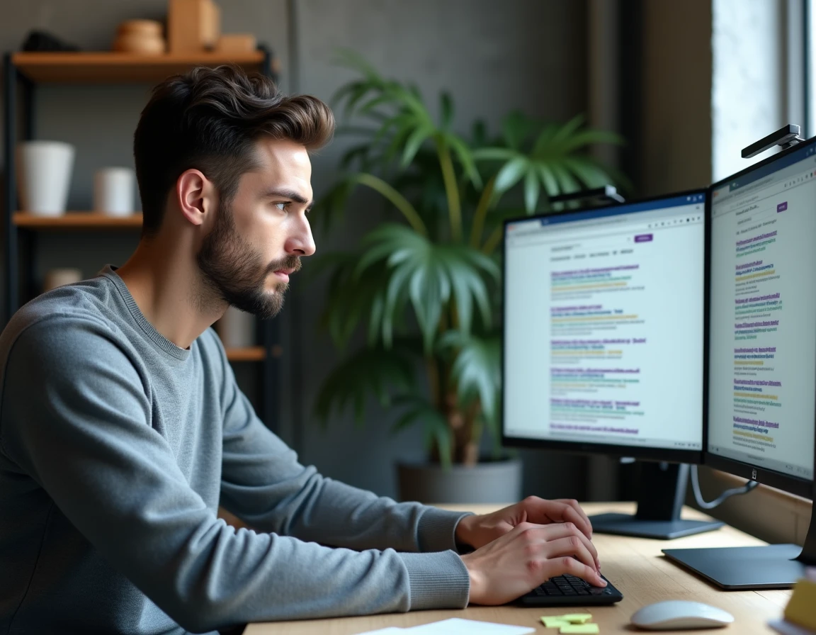 Homme recherchant la vraie adresse d'un site web sur un grand écran d'ordinateur avec plusieurs onglets ouverts