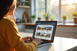 Personne recherchant des annonces immobilières sur un ordinateur lumineux