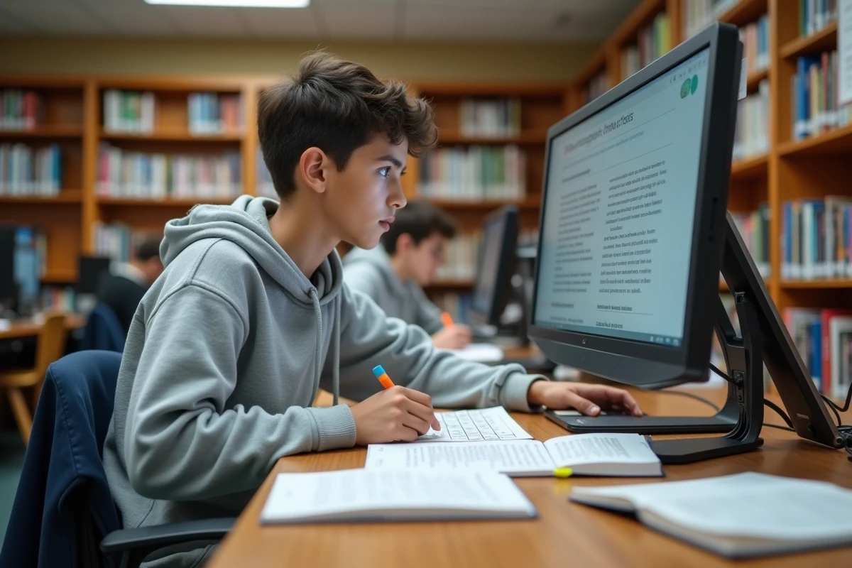 Adolescent effectuant des recherches scolaires en comparant une encyclopédie en ligne sur ordinateur avec des livres de référence dans une bibliothèque