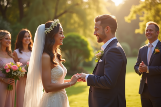 Couple renouvelant leurs vœux de mariage en plein air dans un jardin ensoleille