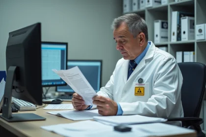 Responsable radioprotection examinant un rapport de dosimétrie dans un bureau institutionnel à Strasbourg