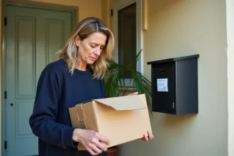 Femme tenant un colis à renvoyer devant une boîte aux lettres résidentielle, examinant une étiquette de retour imprimée