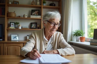 Femme retraitée lisant un document fiscal chez elle
