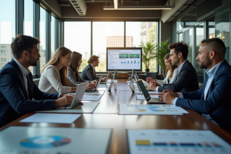 Réunion de bureau moderne avec professionnels divers autour d'une table