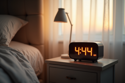 Réveil digital matin 4h44 dans une chambre chaleureuse