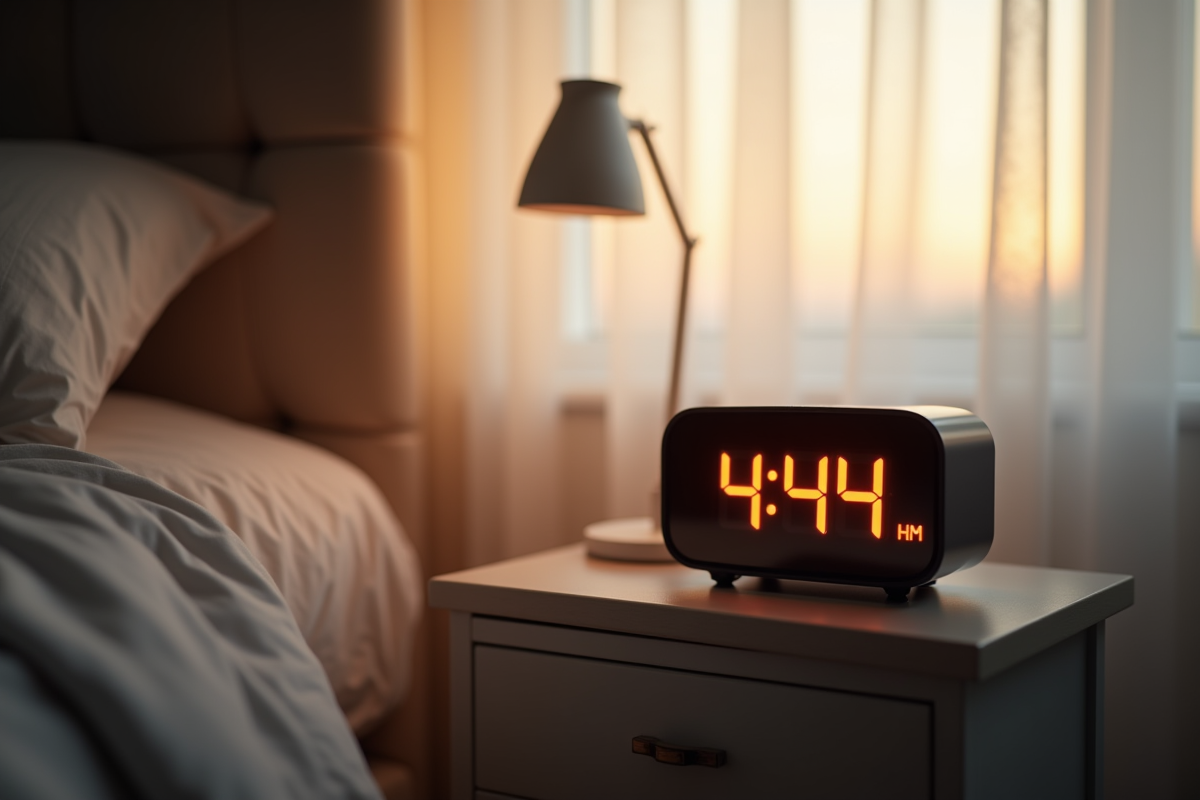 Réveil digital matin 4h44 dans une chambre chaleureuse