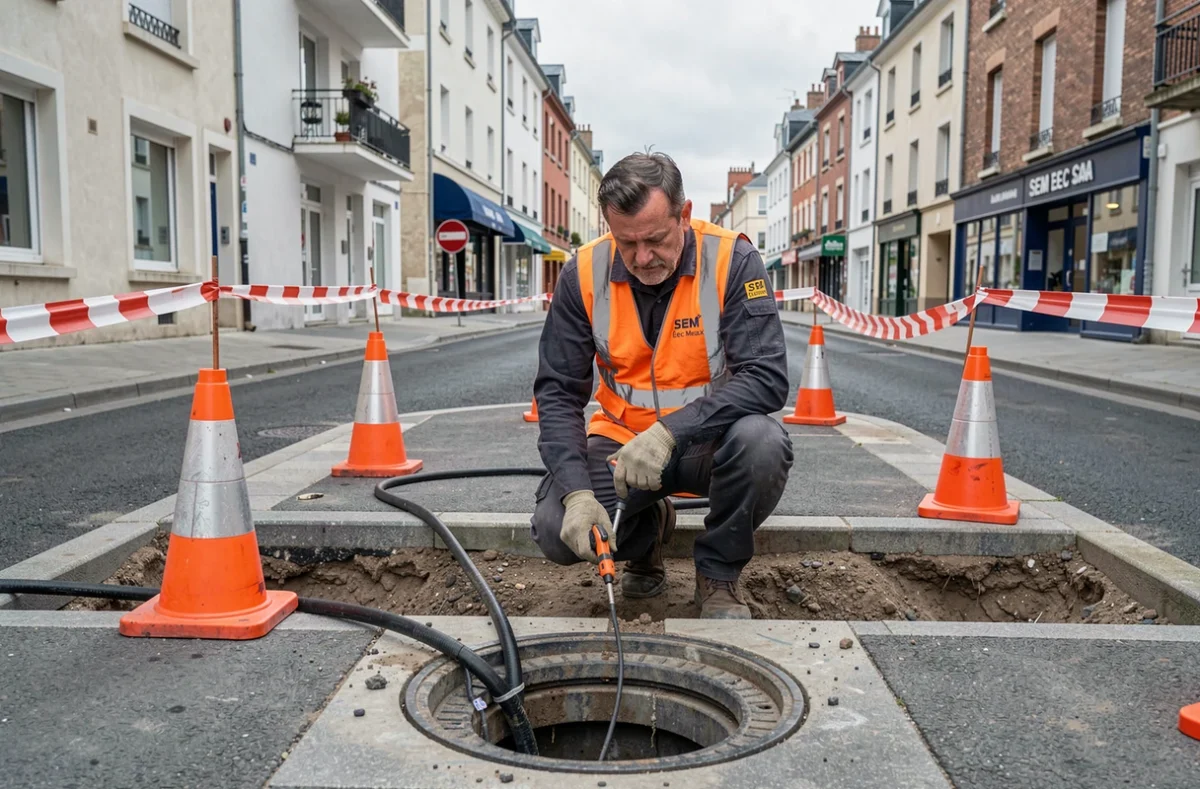 Électricien de SEM Élec à Meaux intervenant en urgence sur un câble électrique souterrain dans une rue résidentielle, entouré de cônes de sécurité et d'une signalisation de chantier