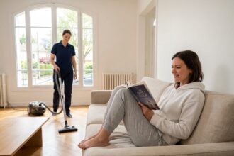 Femme qui se détend avec un livre pendant qu'un professionnel du ménage nettoie son salon à domicile