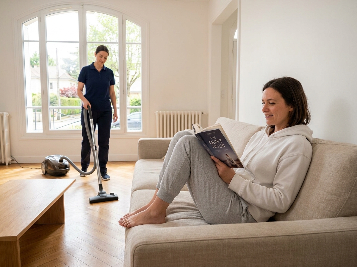 Femme qui se détend avec un livre pendant qu'un professionnel du ménage nettoie son salon à domicile