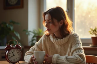 Jeune femme tenant un café du matin en regardant une horloge analogique avec des notes AM et PM, illustration de la signification des heures en anglais