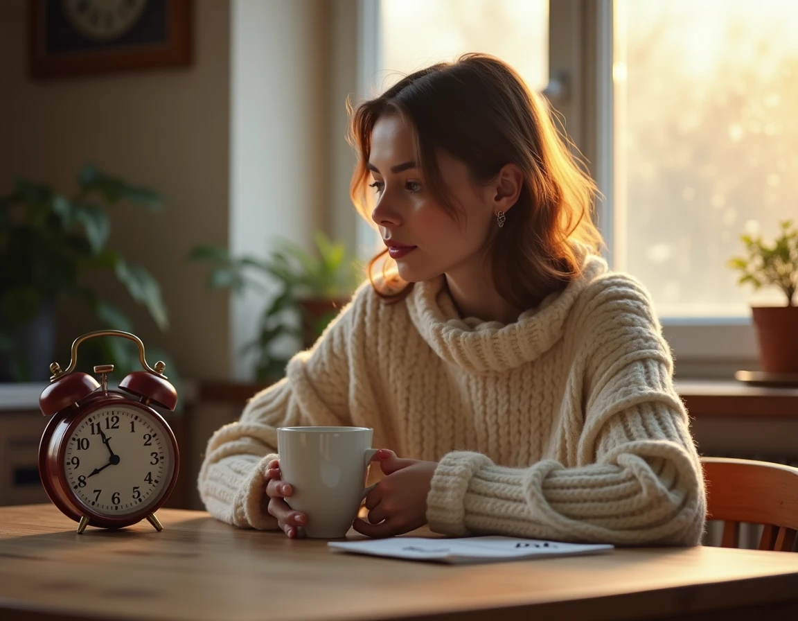 Jeune femme tenant un café du matin en regardant une horloge analogique avec des notes AM et PM, illustration de la signification des heures en anglais