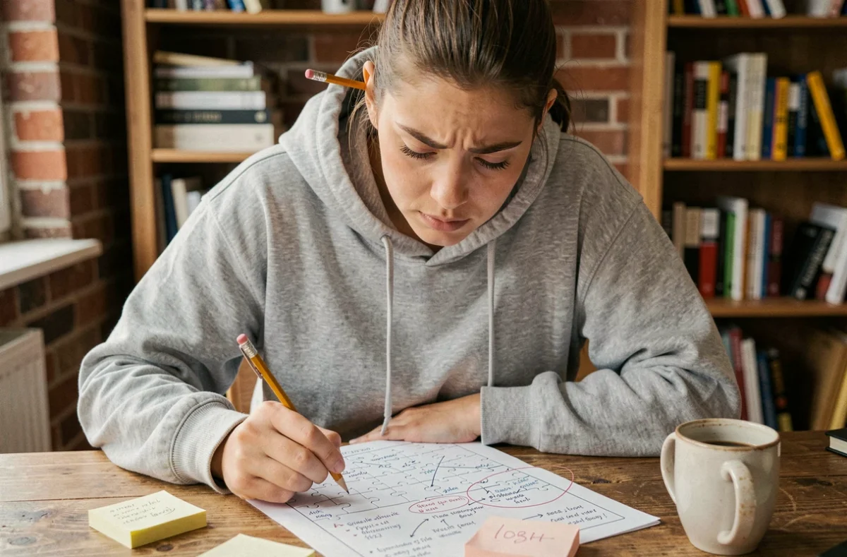 Femme résolvant des énigmes de escape game avec des notes et indices sur une table en bois