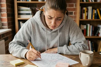 Femme résolvant des énigmes de escape game avec des notes et indices sur une table en bois