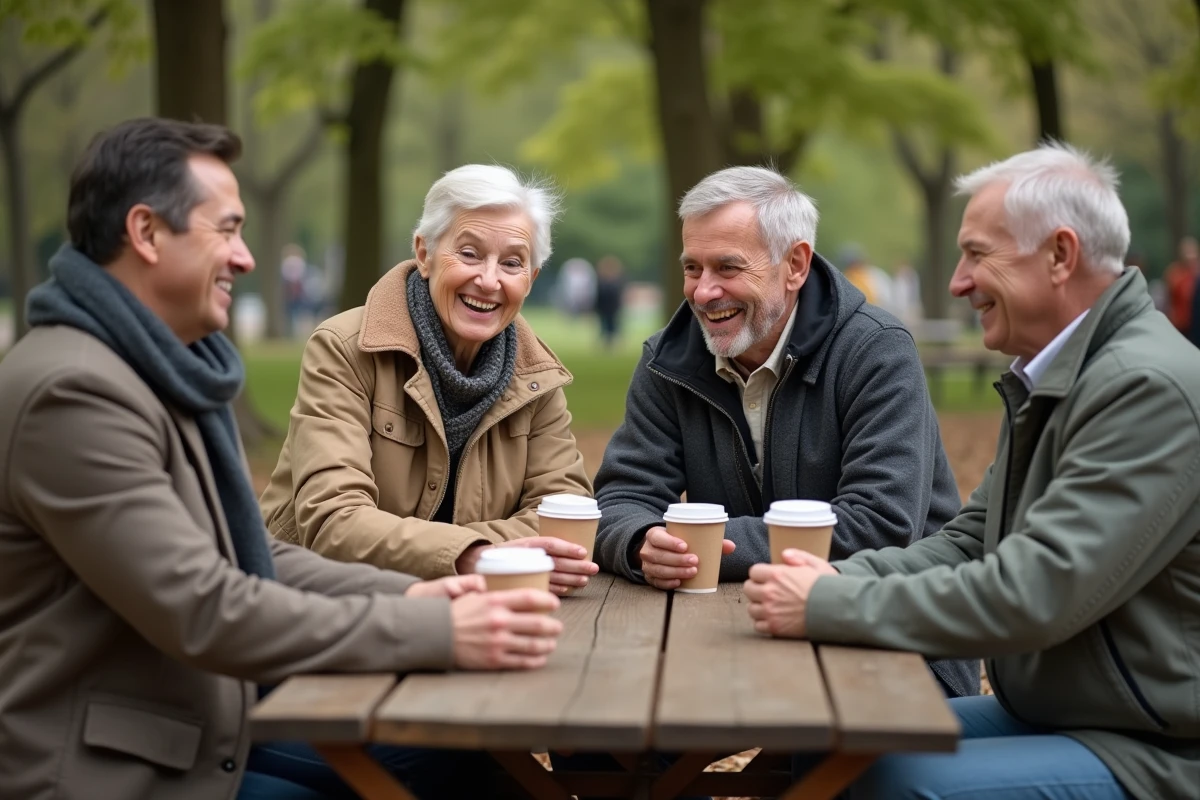 Groupe d'adultes qui socialisent dans un parc de Cholet autour d'un pique-nique, illustrant le lien social et la convivialité en ville