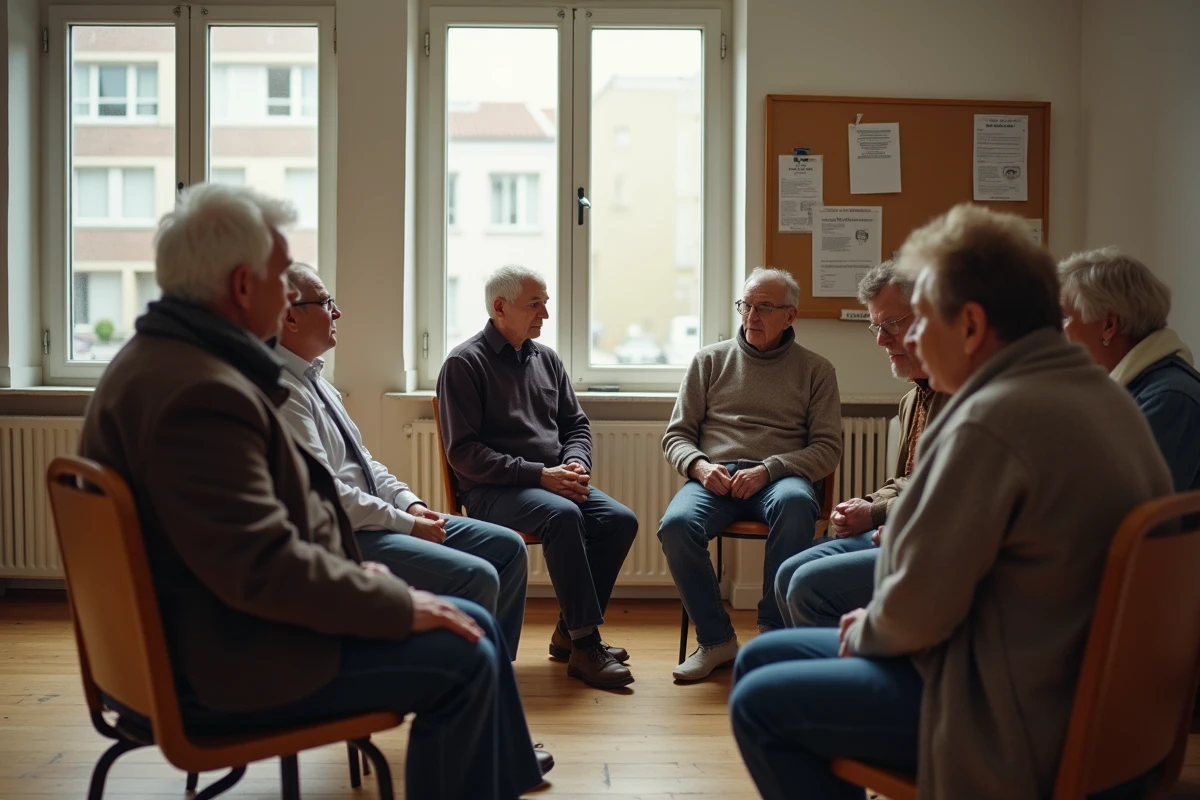 Réunion communautaire dans une salle associative de Cholet avec des adultes de différents âges échangeant ensemble pour lutter contre la solitude