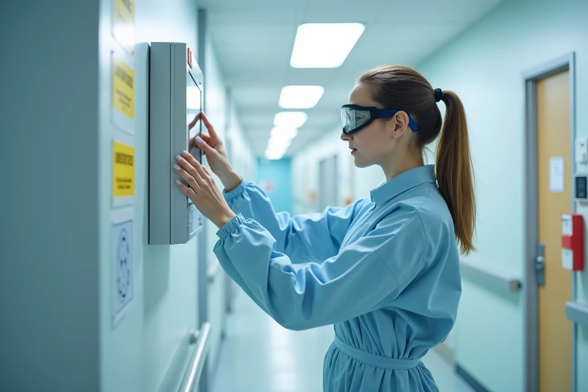 Spécialiste en radioprotection inspectant un panneau de surveillance des rayonnements dans un couloir hospitalier
