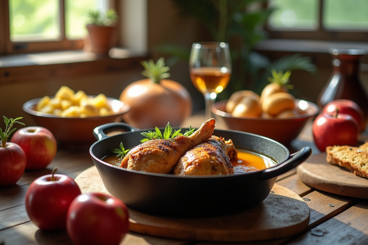 Table rustique avec sanglier en cidre et pommes fraîches
