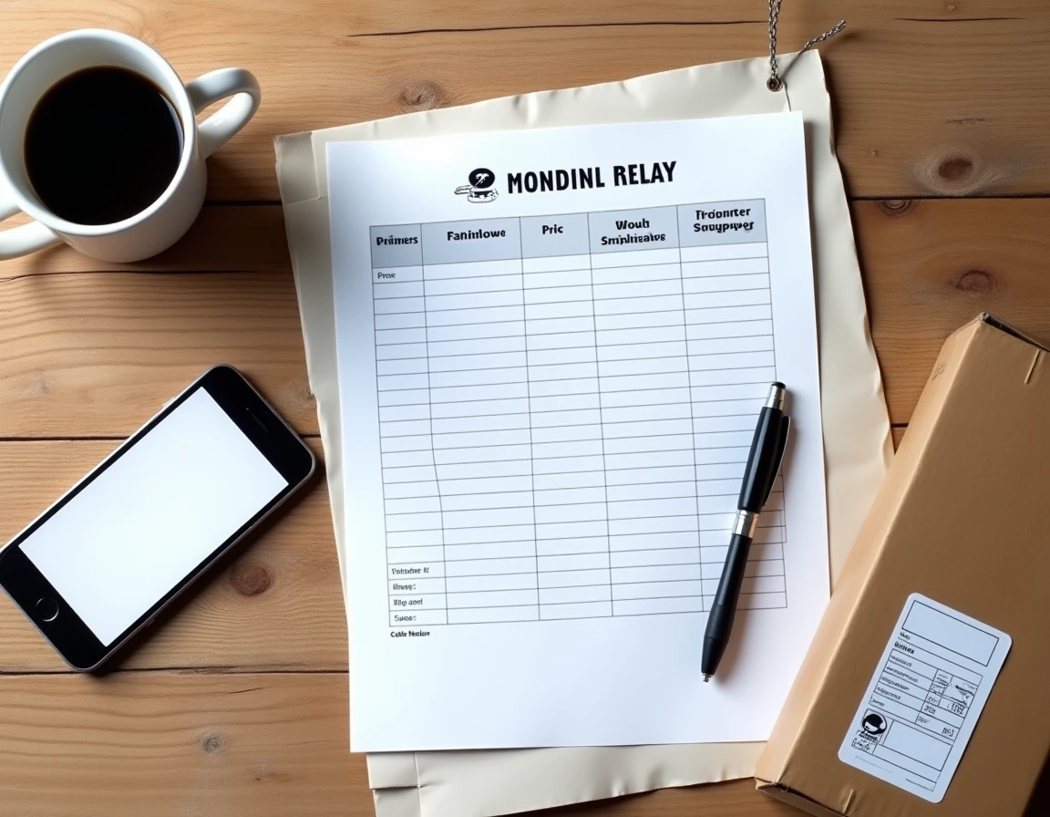 Tableau des prix Mondial Relay imprimé sur bureau avec colis, smartphone et stylo pour comparer les tarifs d'envoi