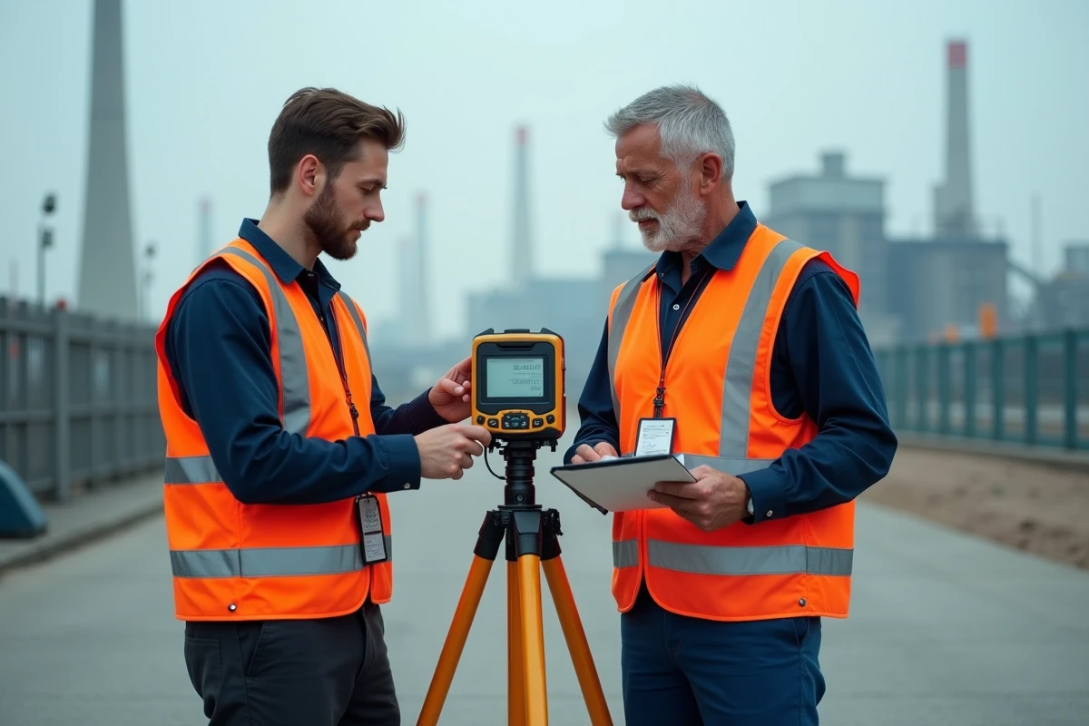 Deux techniciens en radioprotection mesurant les rayonnements avec un équipement portable dans une zone industrielle