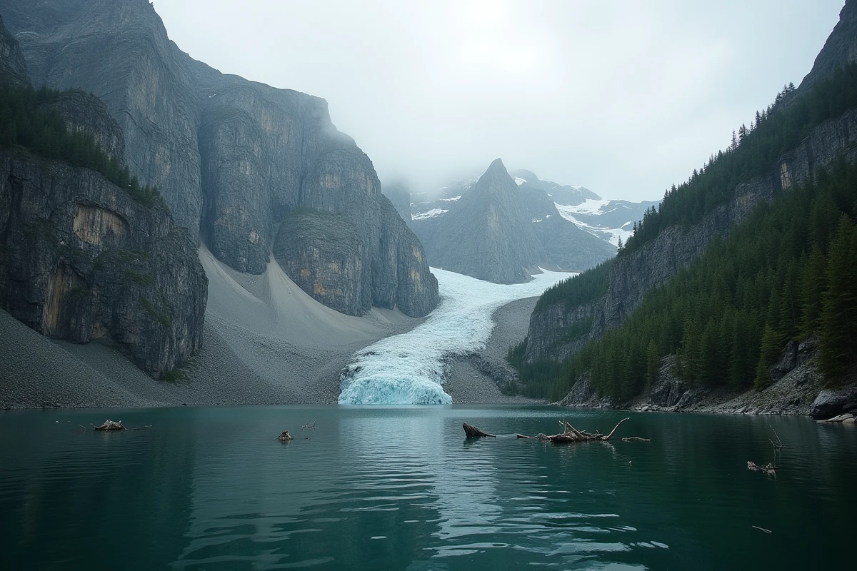 Fjord côtier de l'Alaska avec cicatrice rocheuse visible sur la falaise après un mégatsukami géologique, troncs d'arbres flottant sur l'eau glaciaire