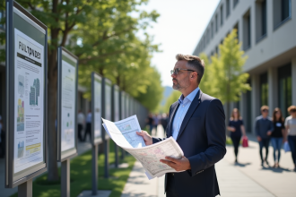 Urbaniste examine plans de zonage devant mairie moderne