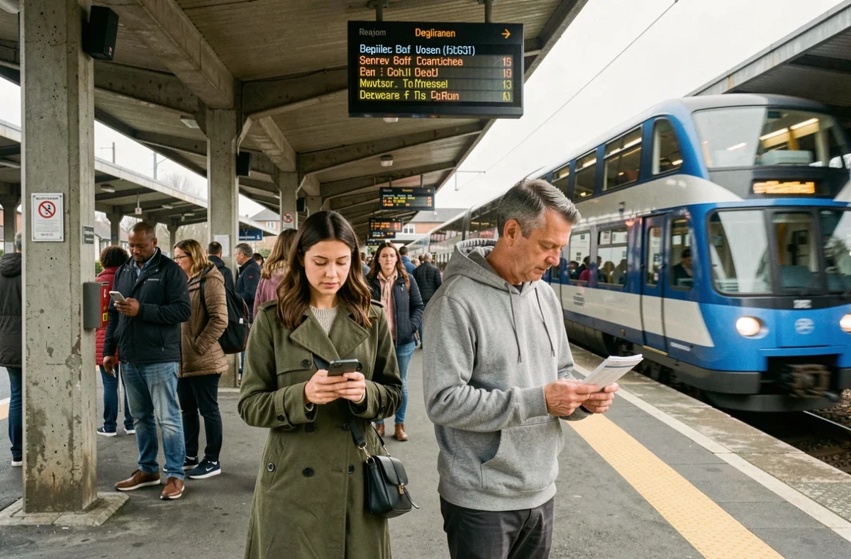Usagers des transports en commun sur un quai de gare de banlieue attendant leur train régional lors des heures de pointe matinales