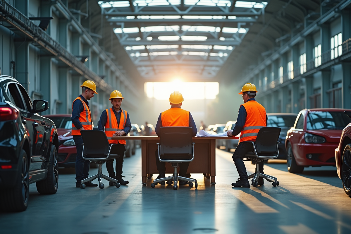 Usine automobile moderne avec lignes arrêtées et travailleurs discutant