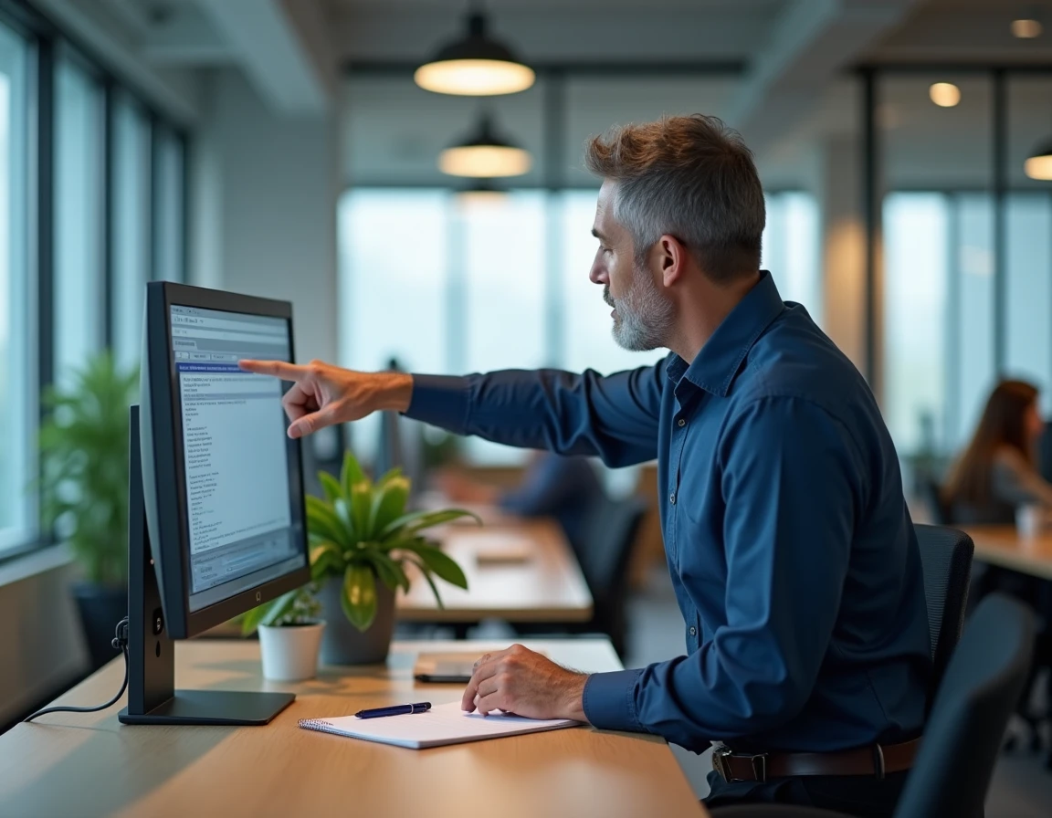 Homme en bureau vérifiant l'adresse officielle d'un site web sur un écran d'ordinateur professionnel