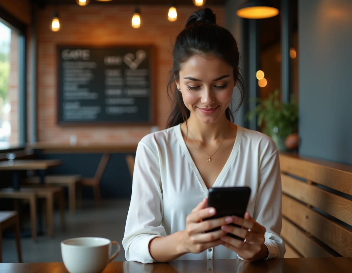 Femme consultant son smartphone pour vérifier l'URL officielle d'un site internet dans un café moderne
