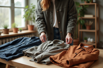 Personne choisissant une veste écologique sur une table en studio
