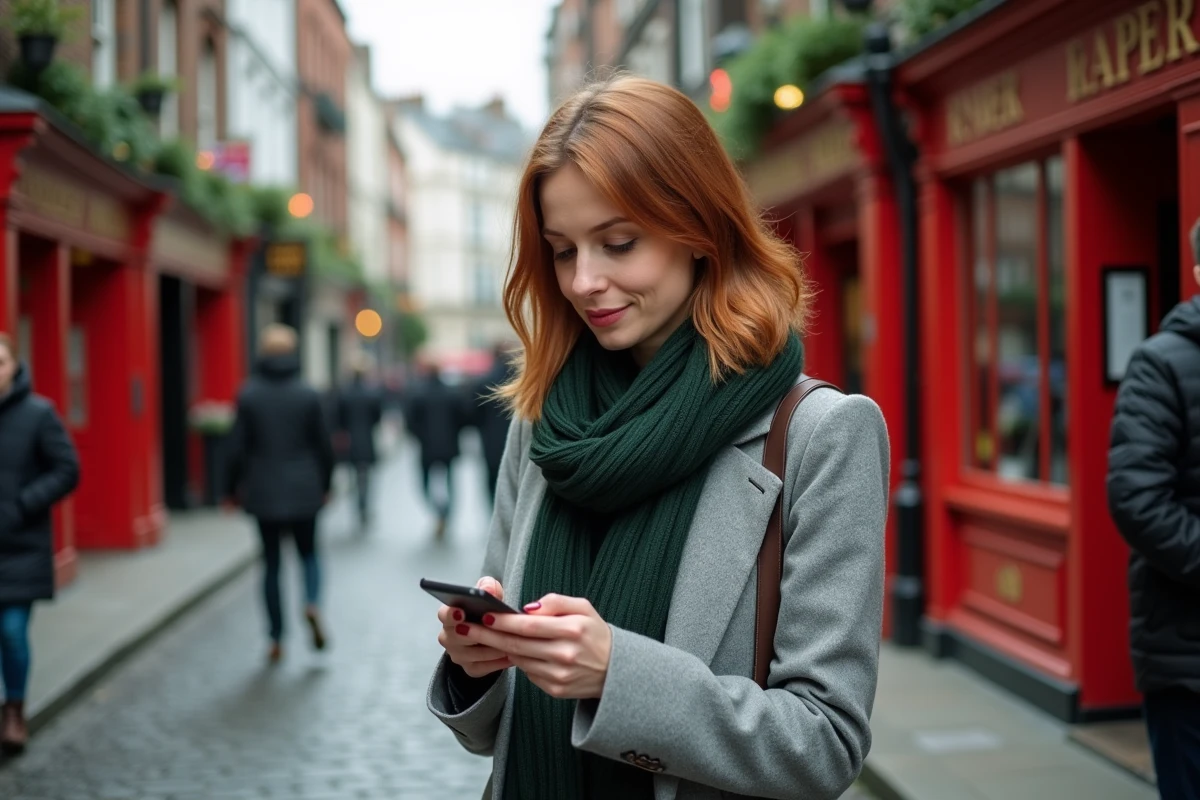 Femme expatriée se promenant dans le quartier Temple Bar à Dublin, illustrant la vie quotidienne des habitants en 2026