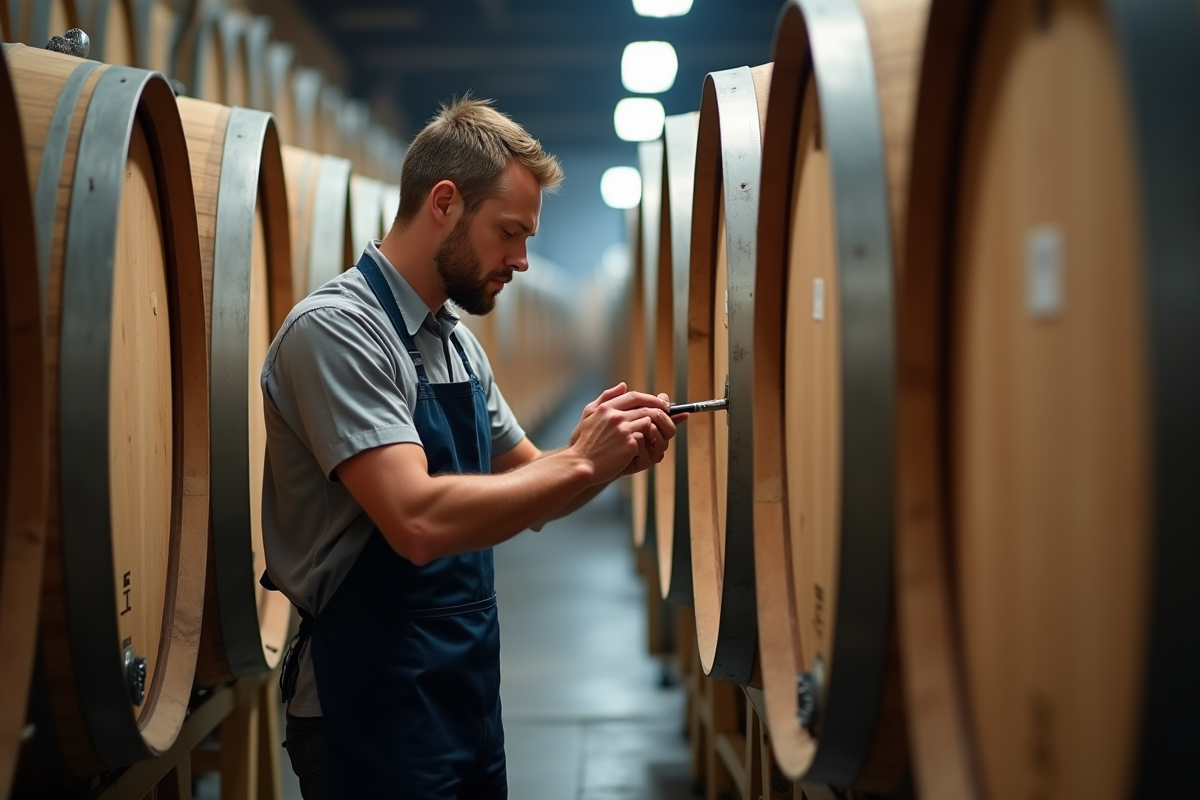 Vigneron inspectant des barriques dans une cave moderne lumineuse