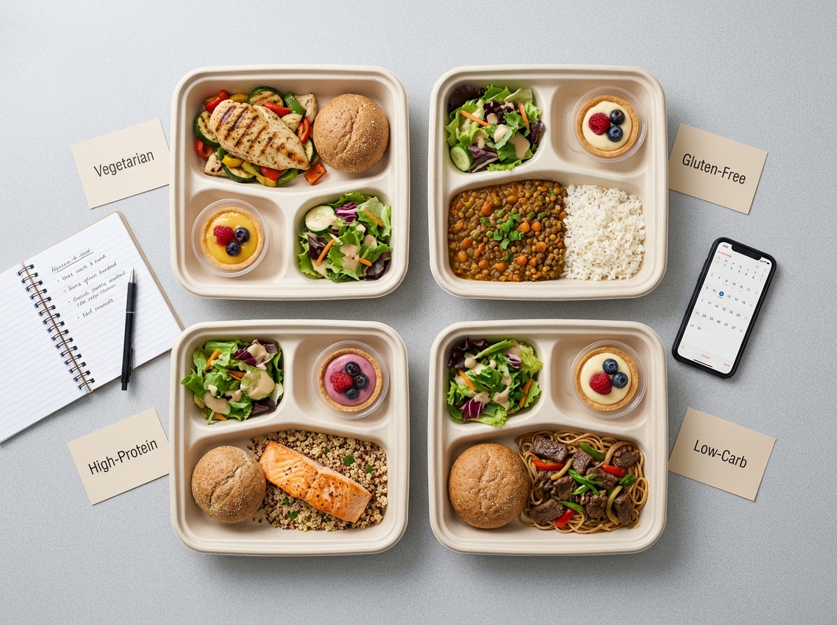 Vue aérienne de plateaux-repas individuels organisés sur une table de bureau pour une réunion d'entreprise