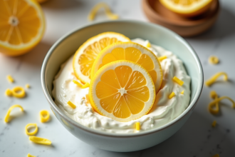 Bol de yaourt crémeux avec yuzu tranché et zeste